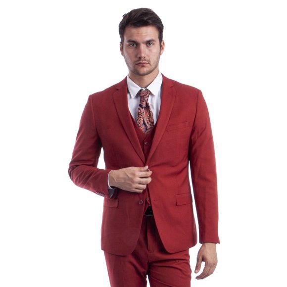 Men's Skinny-Fit 3pc Brick Red Suit by Sean Alexander - Picture 2 of 6